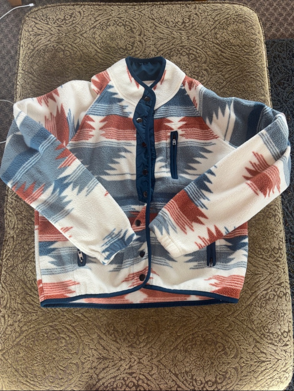 Women’s Patterned Fleece Jacket - Blue, Cream & Rust